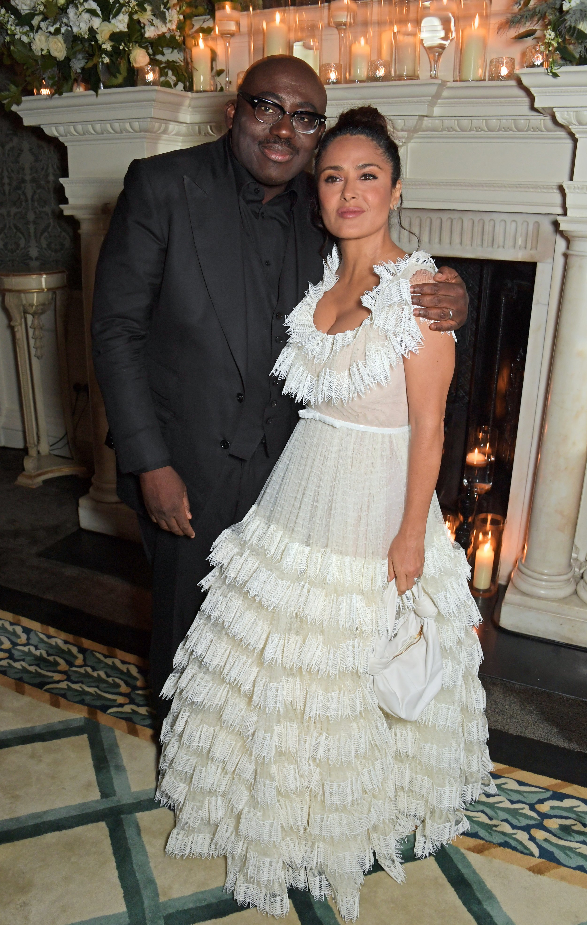  LONDON, ENGLAND - SEPTEMBER 04: Editor-In-Chief of British Vogue Edward Enninful and Salma Hayek attend a celebration of Edward Enninful's new memoir "A Visible Man" at Claridge's Hotel on September 4, 2022 in London, England. (Photo by David M. Ben