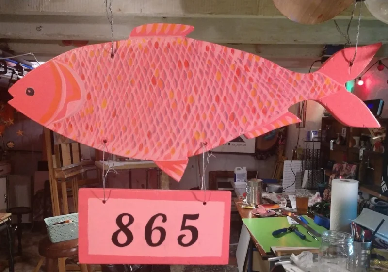 Here’s one of the earlier whimsical fish signs in progress. This is a mockup to see what the signs would look like with the house number hanging from the bottom instead of being right on the fish.