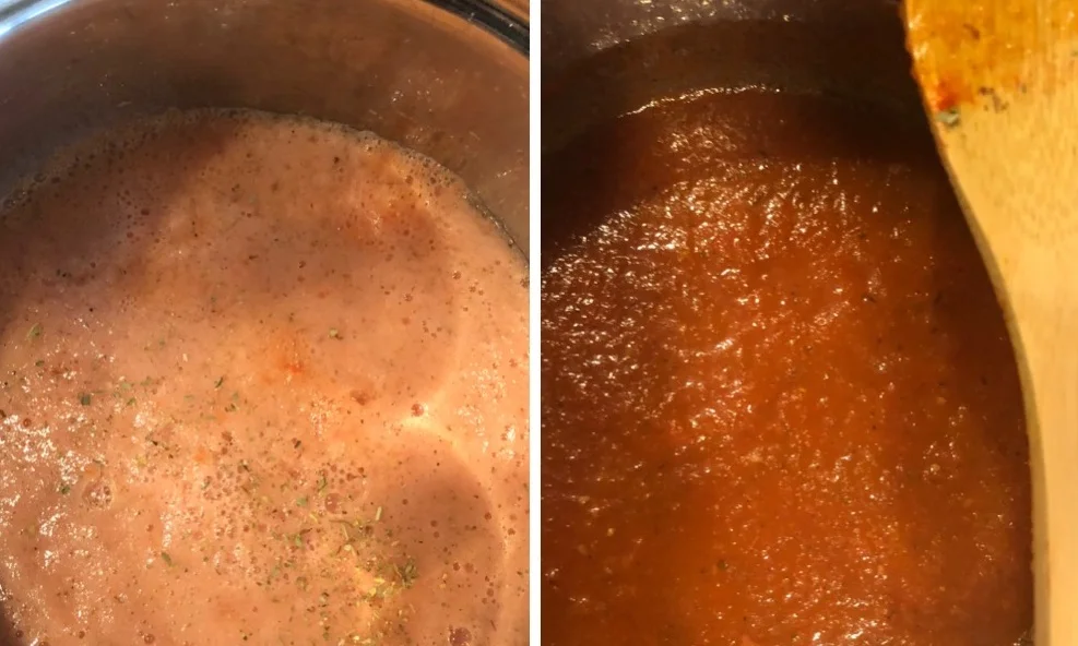 The color turns dark red when the sauce is ready.