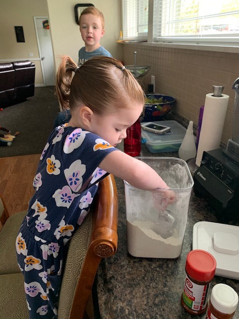 Now for the fun part. This is where the kids get to help and have a little fun, plus a lot of mess ( there’s always flour everywhere). For the ingredients, you’ll need a ziploc gallon bag. Have your kids put all the ingredients in a bag, ( however much or little you want. It’s up to you).