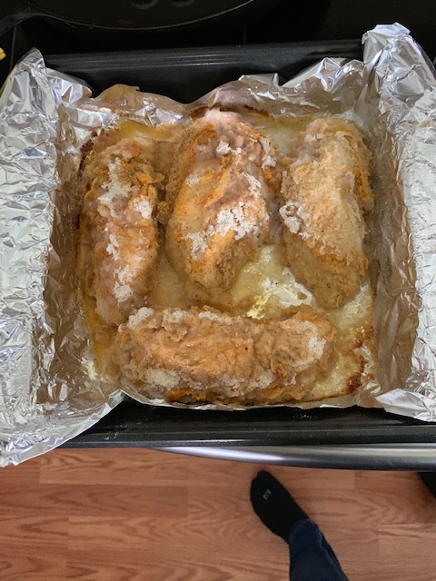 Voila! You’re tasty “shake yo’ chicken” chicken is done! We pair this chicken with homemade french fries, and a side salad. Makes for a great dinner!
