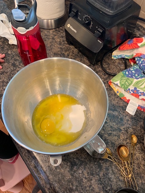 Add the melted butter and combine. Hannah is the best egg cracker too. I always manage to get shells in whatever we’re baking, she on the other hand, she cracks them perfectly every time!