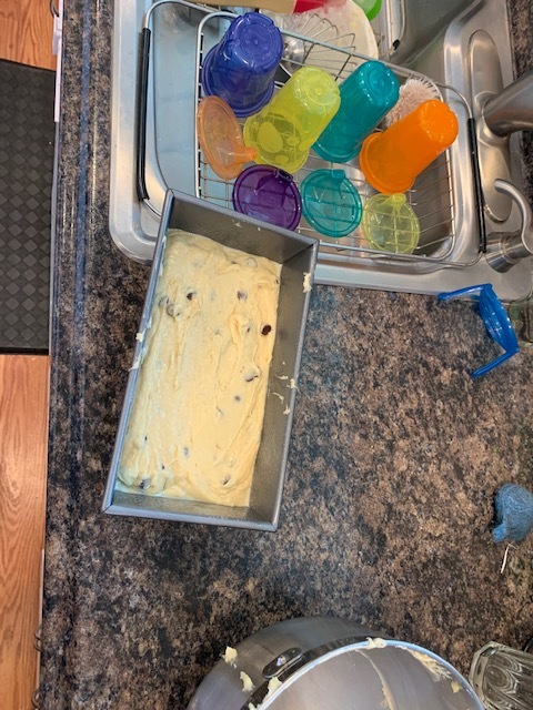 Voila! ready for baking! Put your batter in for 50-60 min. My bread browns quickly so I usually put some tin foil over the bread at the 30 min mark.