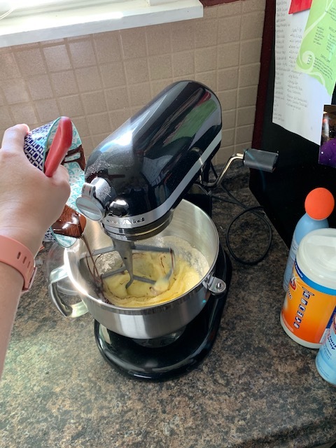 Once you’ve mixed your butter and sugar, make sure your chocolate has cooled, and drizzle it in.