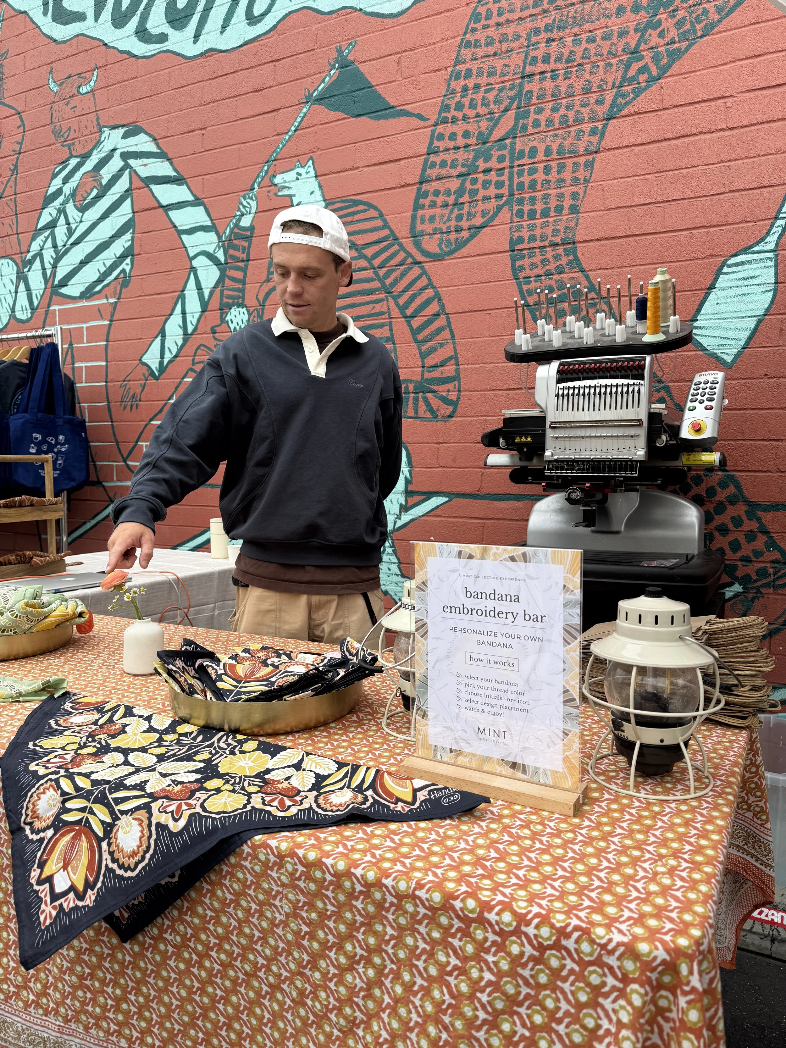   Live Embroidery in Oceanside, CA for Revolution Roasters   Customizing bandanas with names and initial to celebrate Revo’s 10 year anniversary.  Experience Design + Production: Mint Collective (@mintcollective_experiences) 