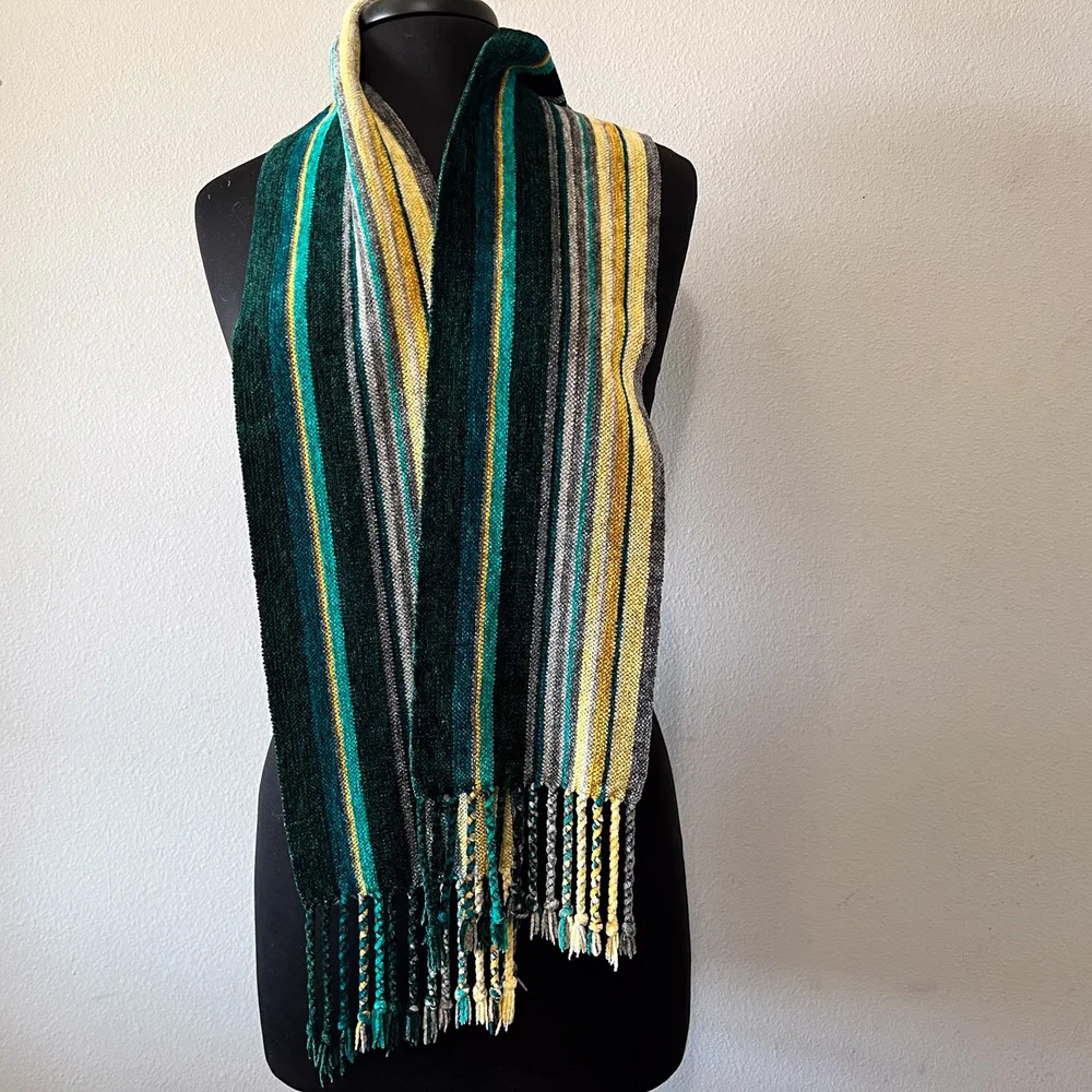 Rayon chenille scarf in shades of green and yellow.  Meridian Jacobs
