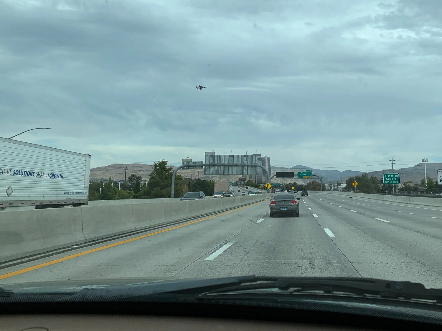 Driving through Reno with Thunderbirds flying over.
