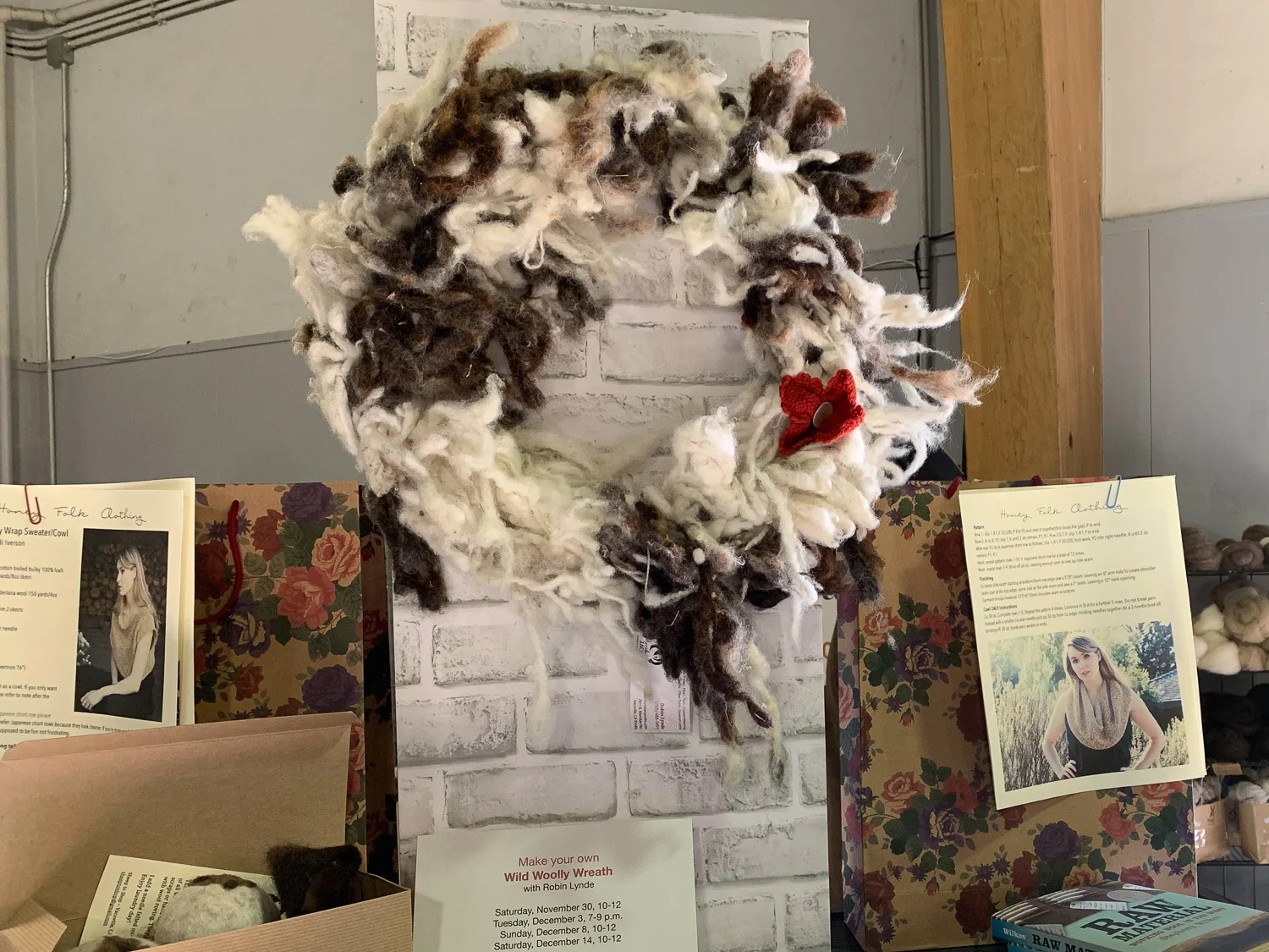 My wool wreath at the Fibershed coop booth at Lambtown.