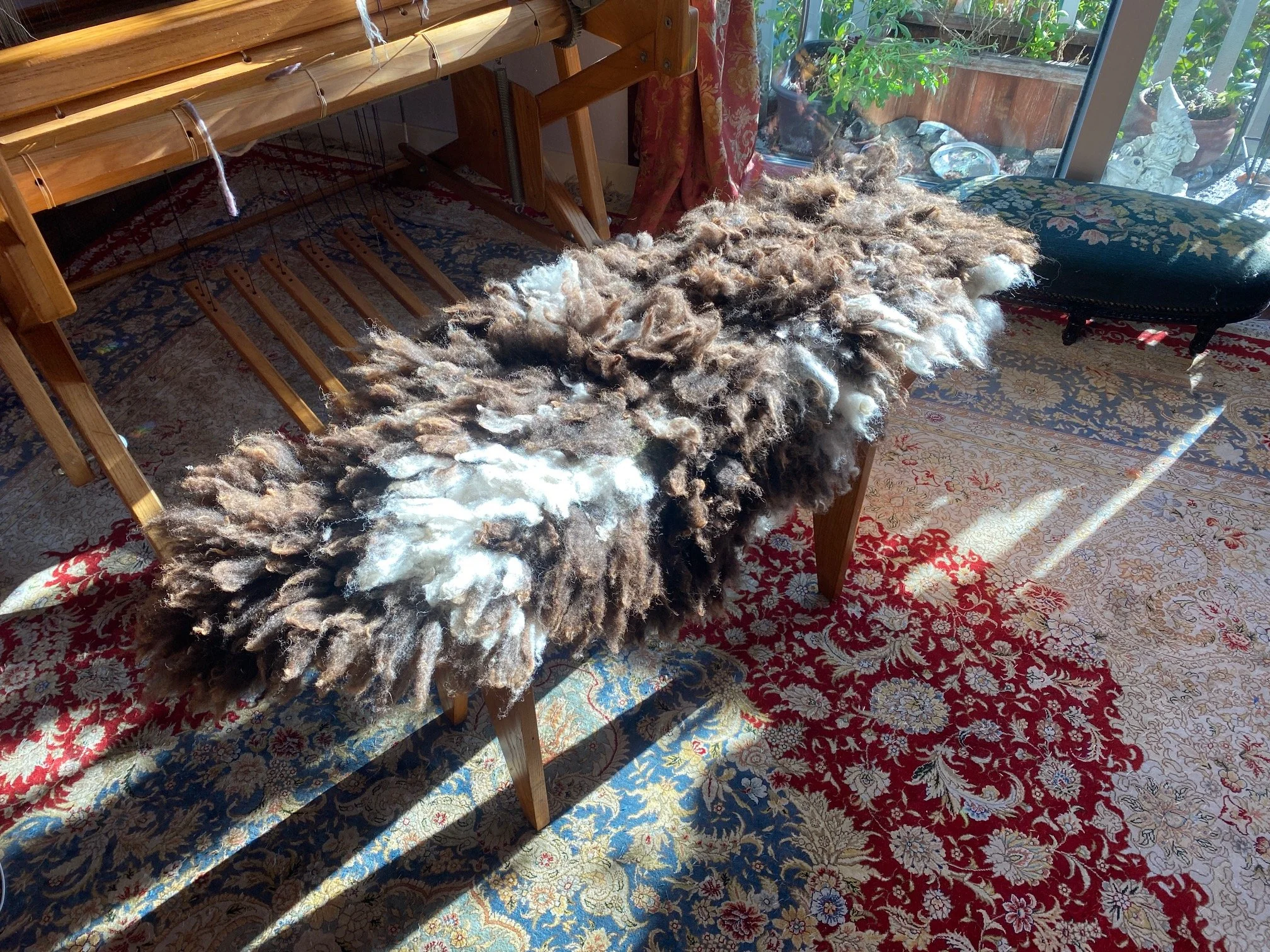 Woolly pad on weaving bench made from Jacob wool locks.
