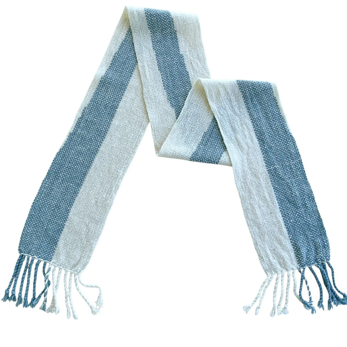 Blue and white scarf woven with clasped warp.