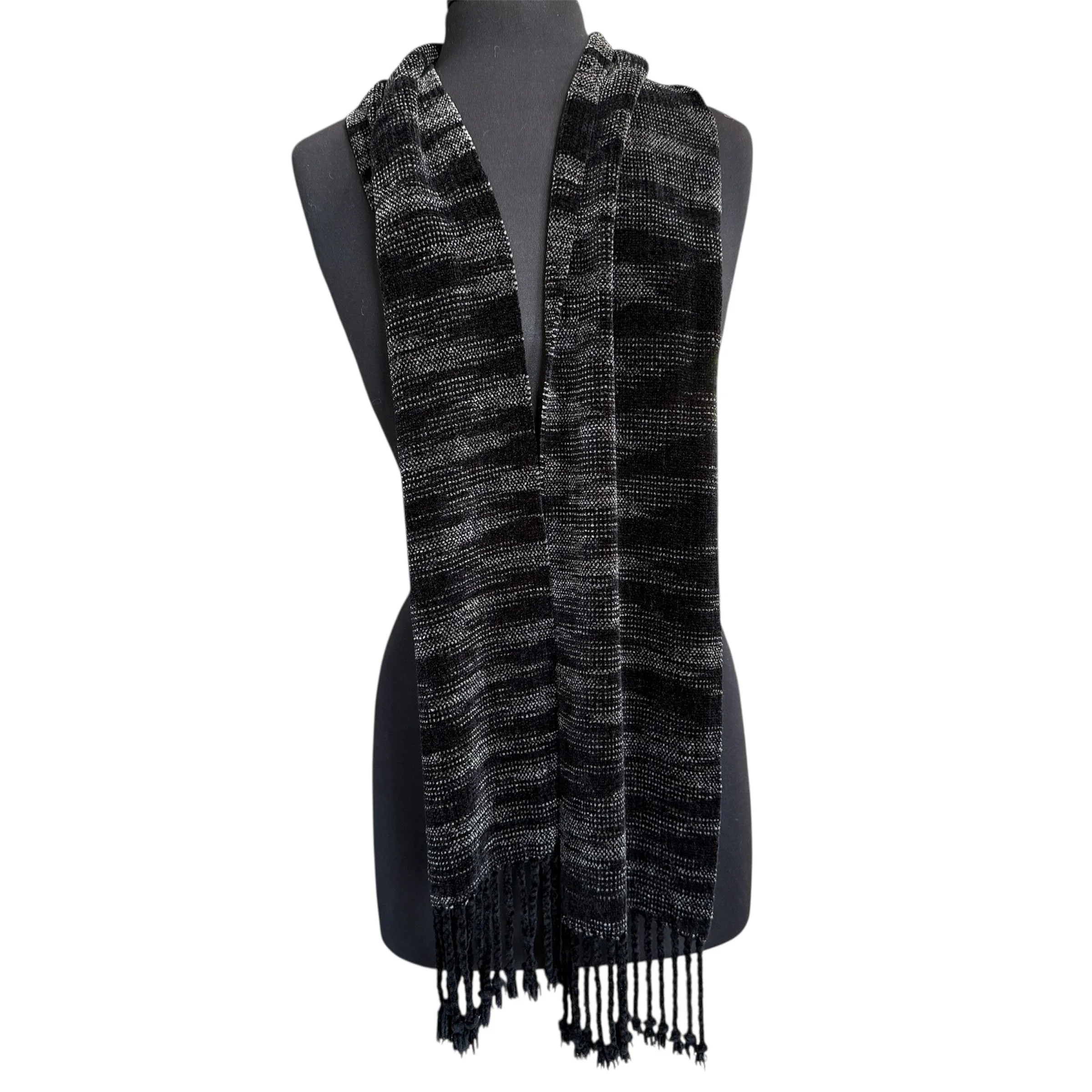 Rayon chenille scarf in black and gray on mannequin.