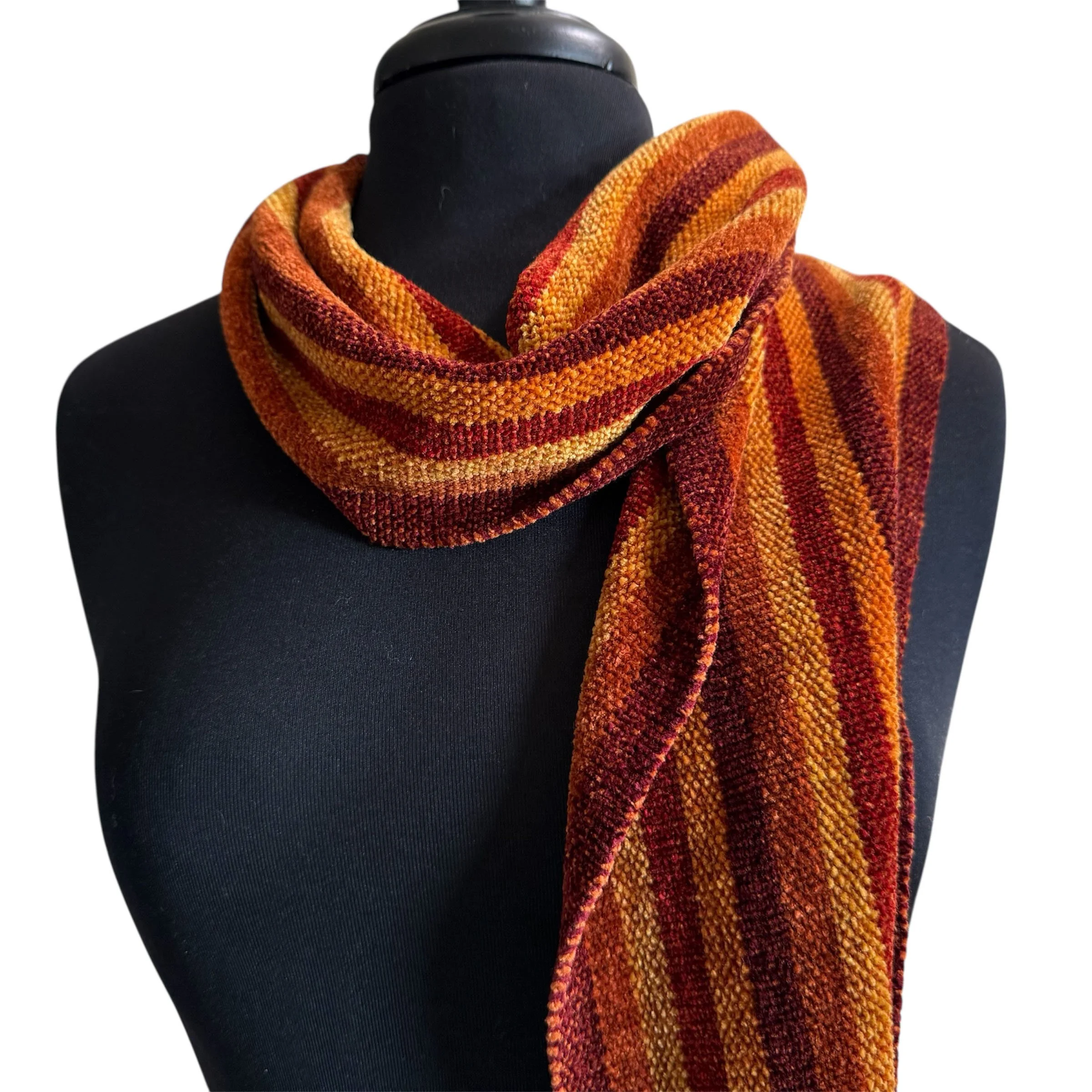 Chenille scarf in fall colors on mannequin.