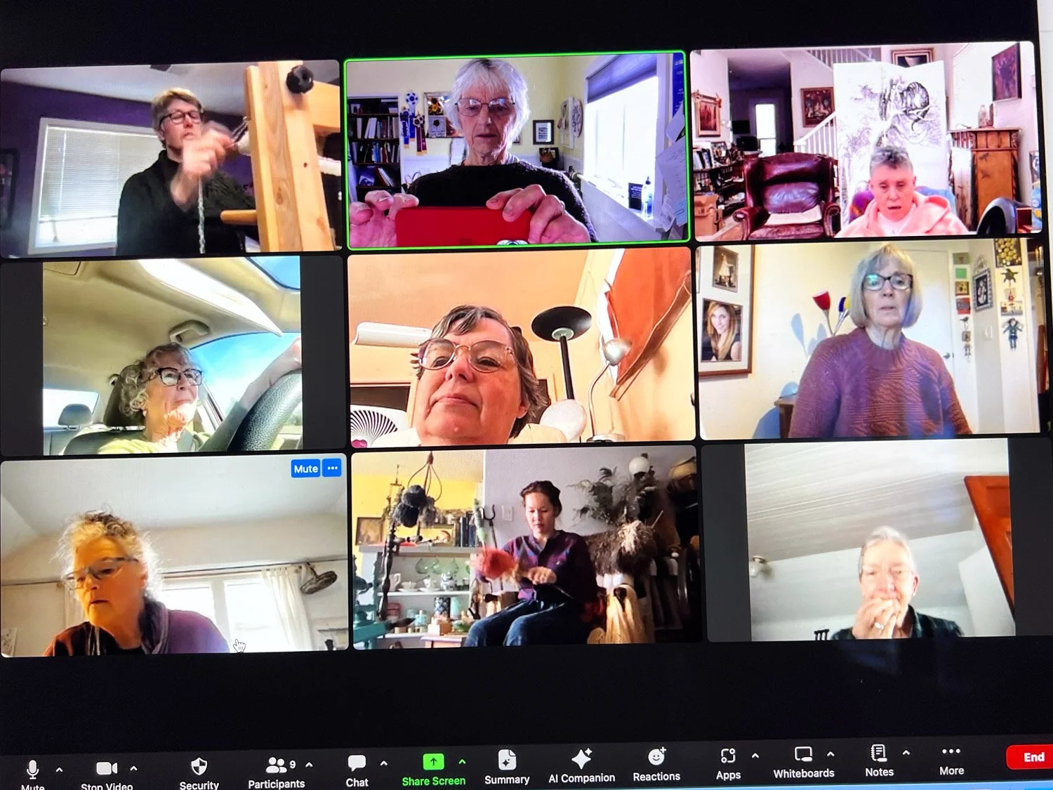 View of computer screen with 9 Zoom participants in windows.