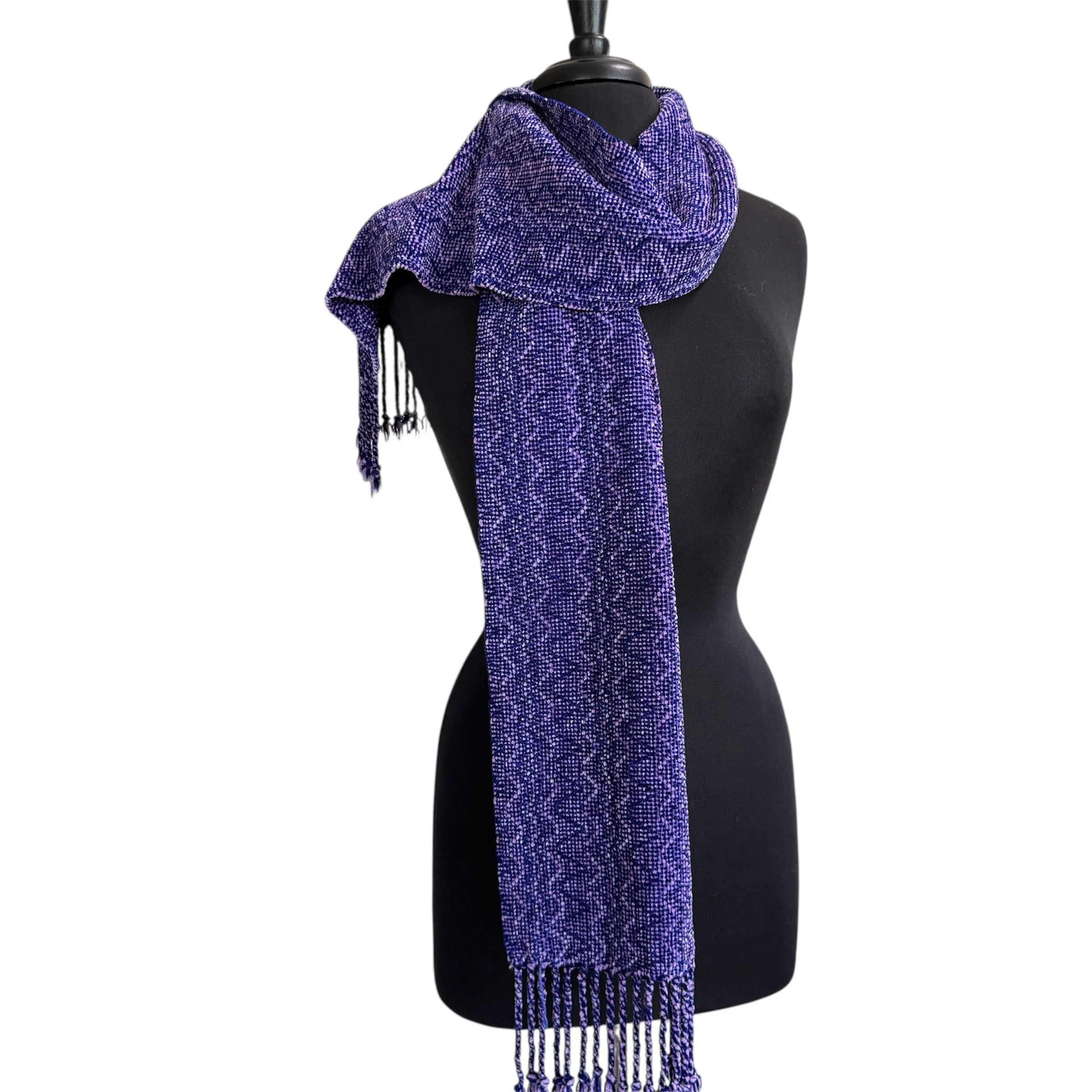 Purple rayon chenille scarf on mannequin.