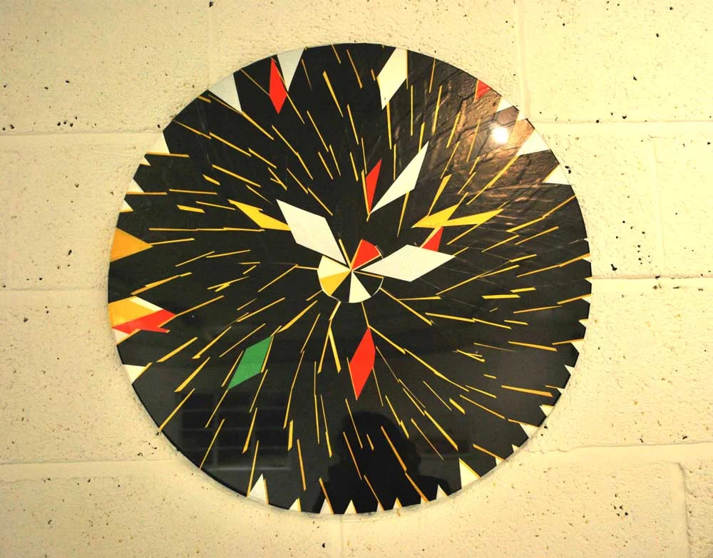 hybrid, black 2016 warning tape on ply, perspex