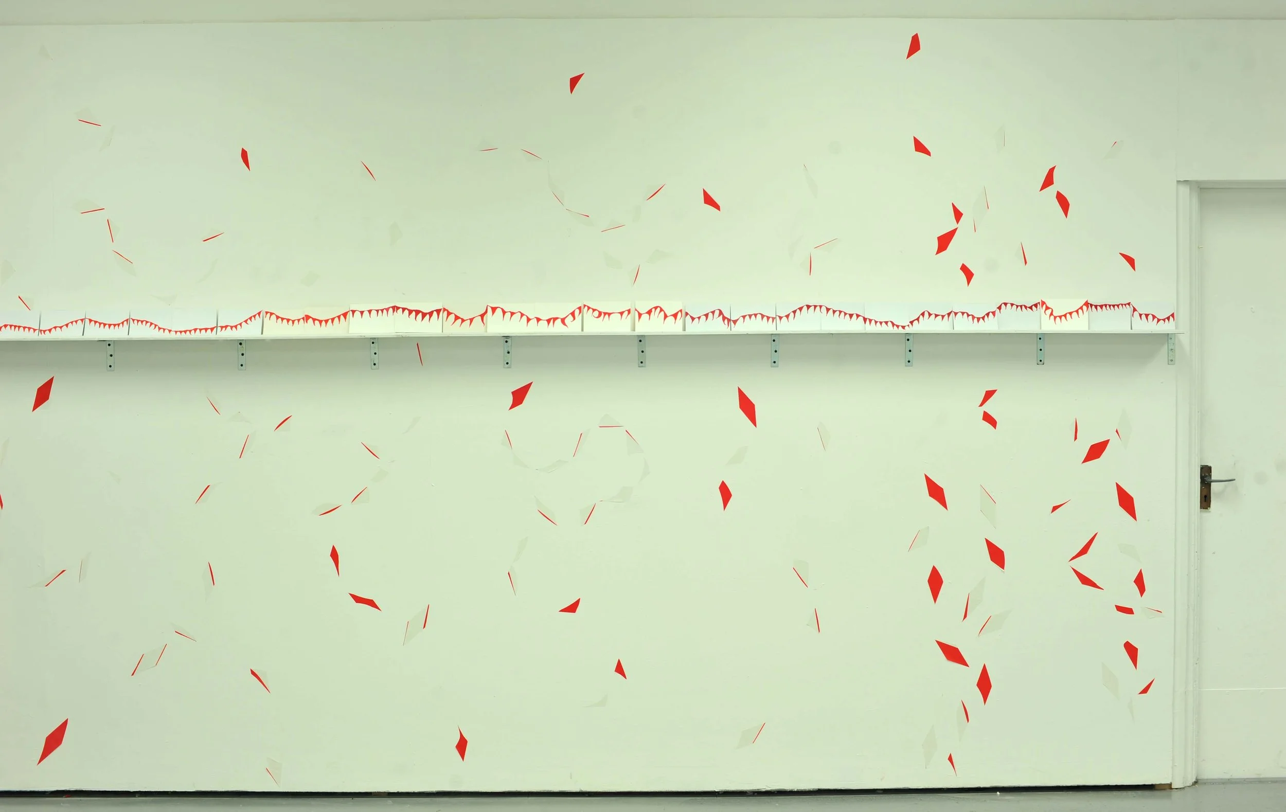 small crowd dances and waves happily installation 2017 warning tape, shelving, painted postcards