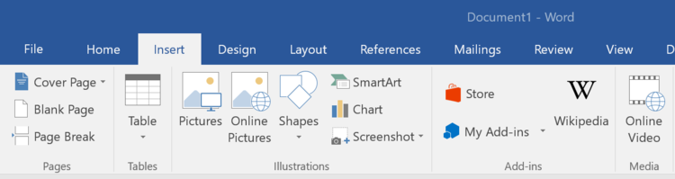 Insert tab ribbon in Word