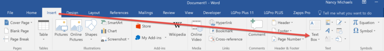 Text Box button on MS Word Insert Tab Ribbon