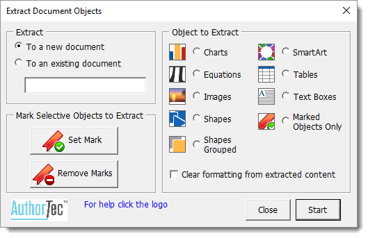 AuthorTec Extract Objects Dialog Box