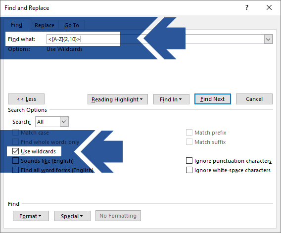 Microsoft Word Advanced Find and Replace Dialog box