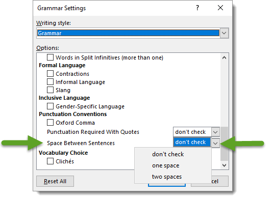 Word Options Proofing Grammar Settings Dialog Box