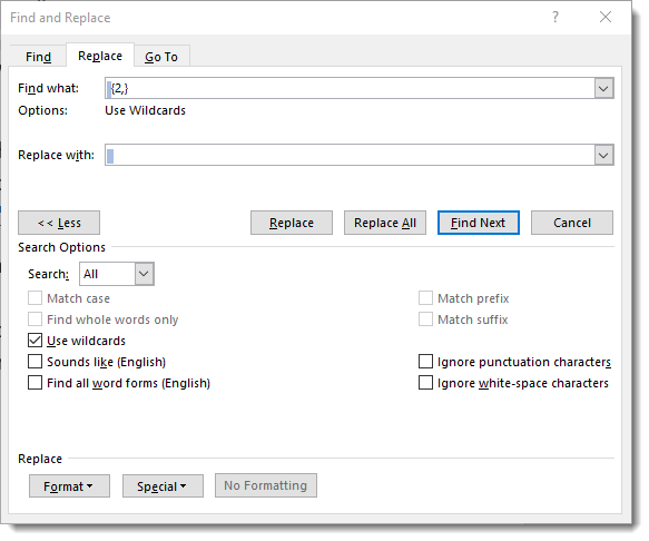 Word’s Find and Replace Dialog Box