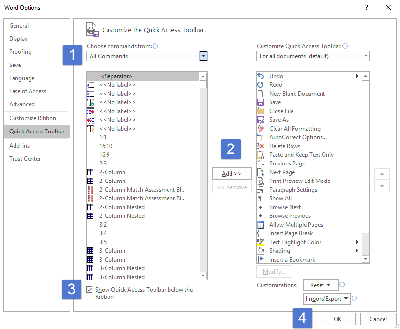 Word Options: Customize Quick Access Toolbar