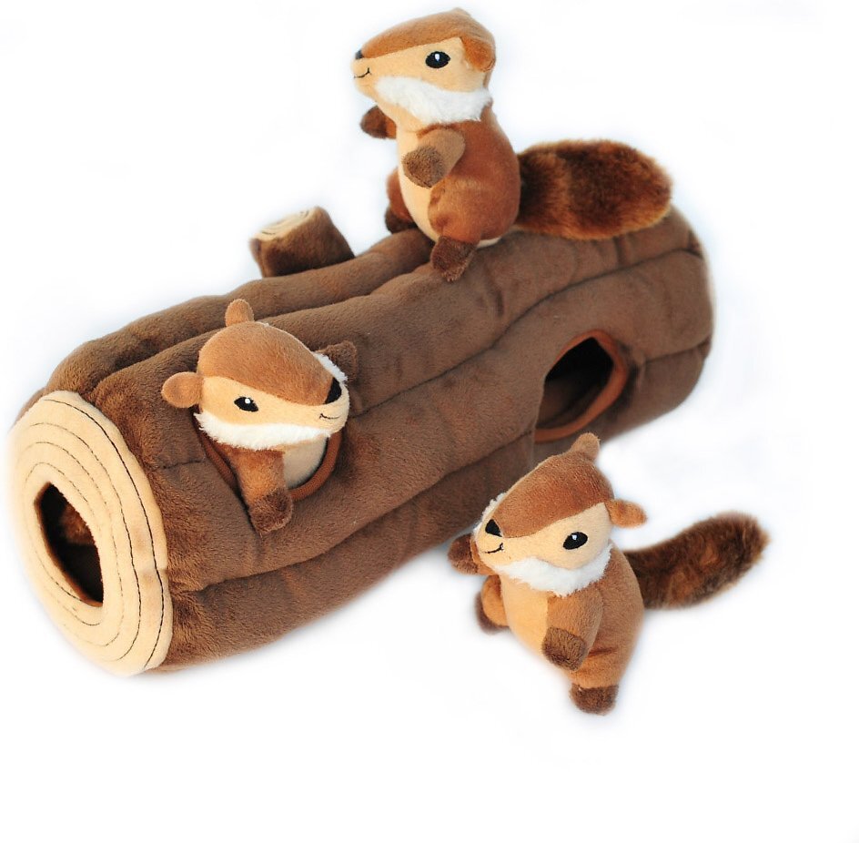 ZippyPaws Burrow Squeaky Hide &amp; Seek Plush Dog Toy, Log &amp; Chipmunks