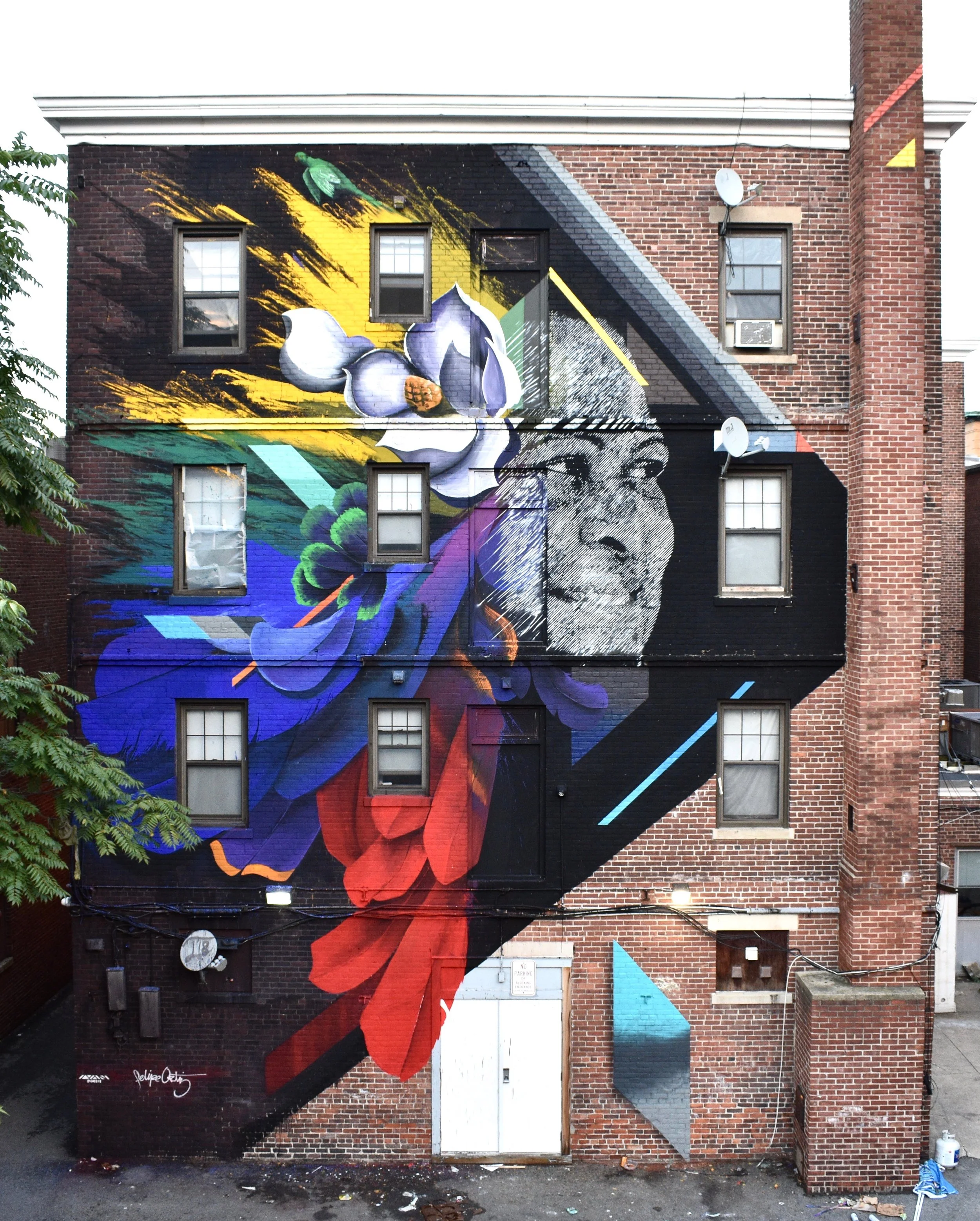 Migrar Collaboration with Ivan Salazar for Punto urban art Museum in Salem, MA 2018. 50 x 30 ft.