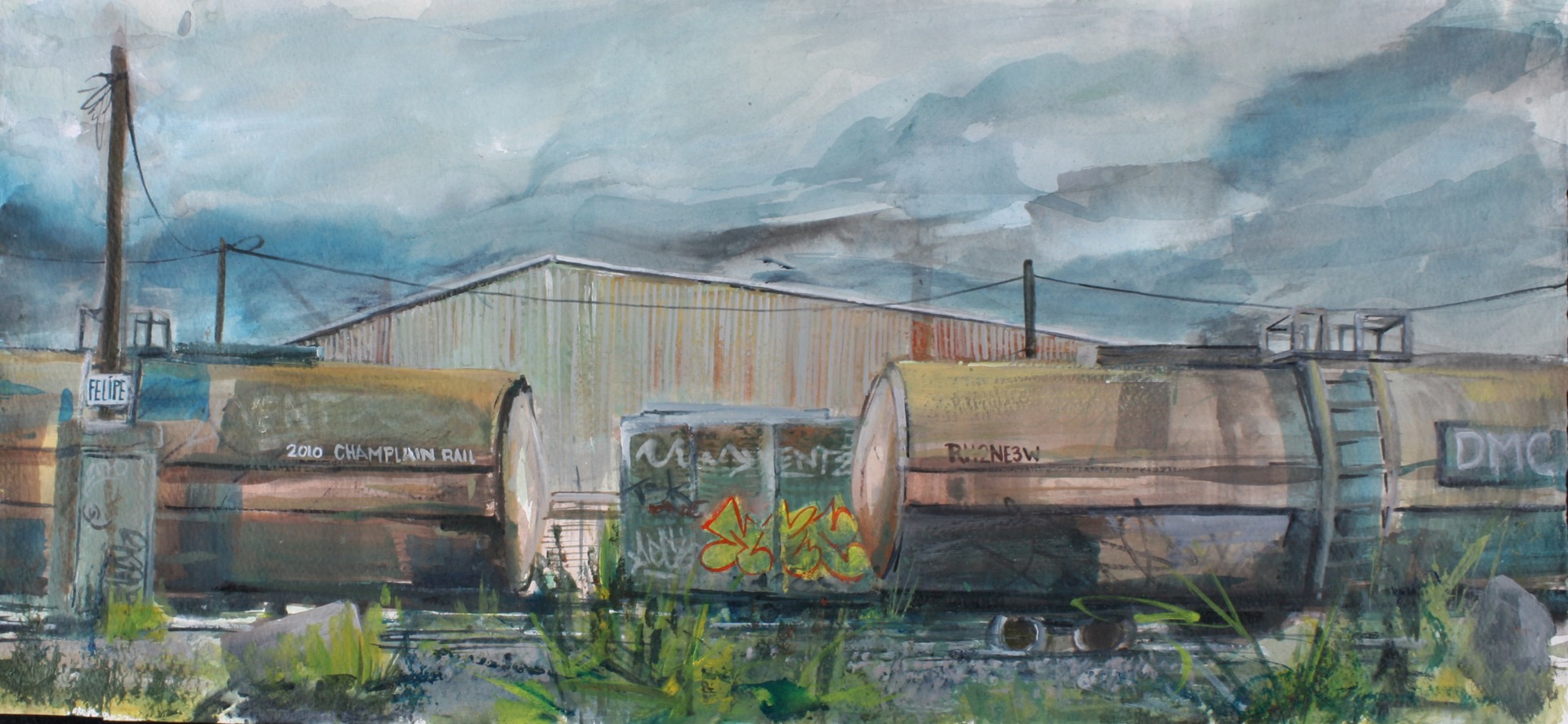 Champlain Rails 2010. Acrylic and water color on paper. 16in. x 28in.