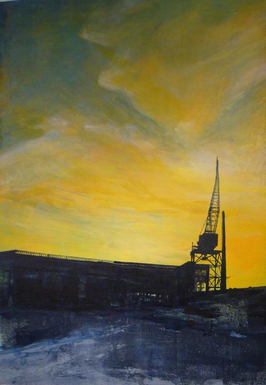 Fore River Ship yard 2014. Acrylic on wood. 26in. x 18in.