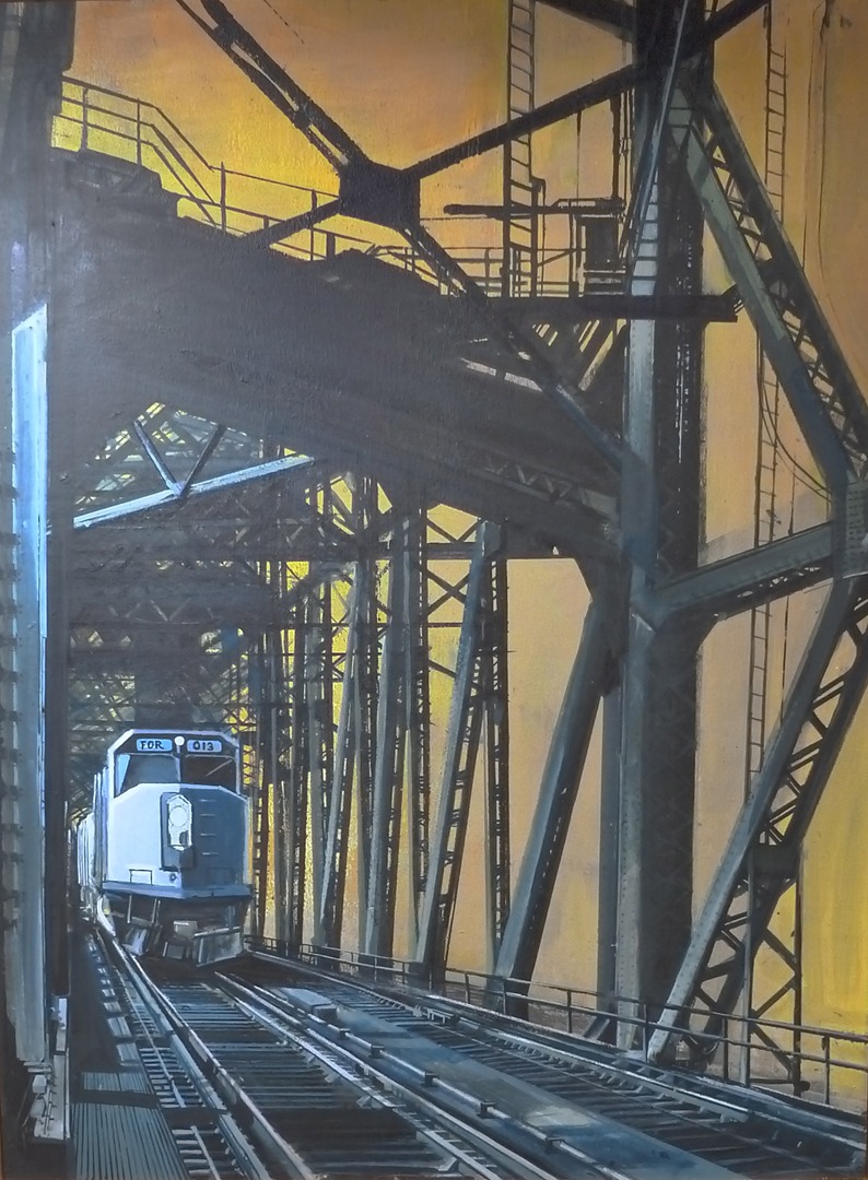 Train over bridge 2014. Acrylic on wood. 26in. x 20in.