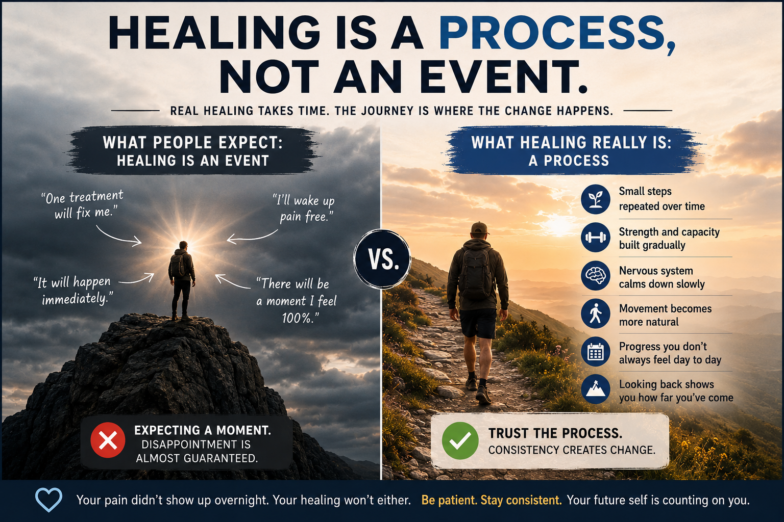 Pain relief is an Event, but Healing is a Process