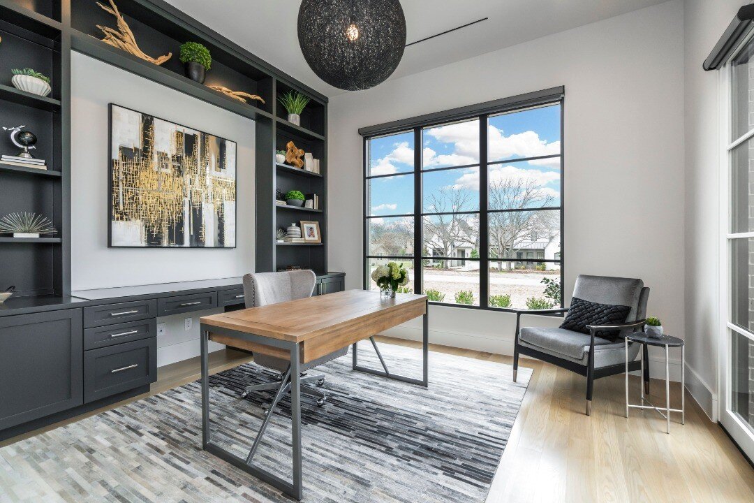 W.F.H. (Work From Home) This was a blank room and Alli Walker Interiors was called to tackle this space &amp; make it functional for the client.  What a transformation that took place!! Love how the grand to the ceiling builtins make a huge impact wh