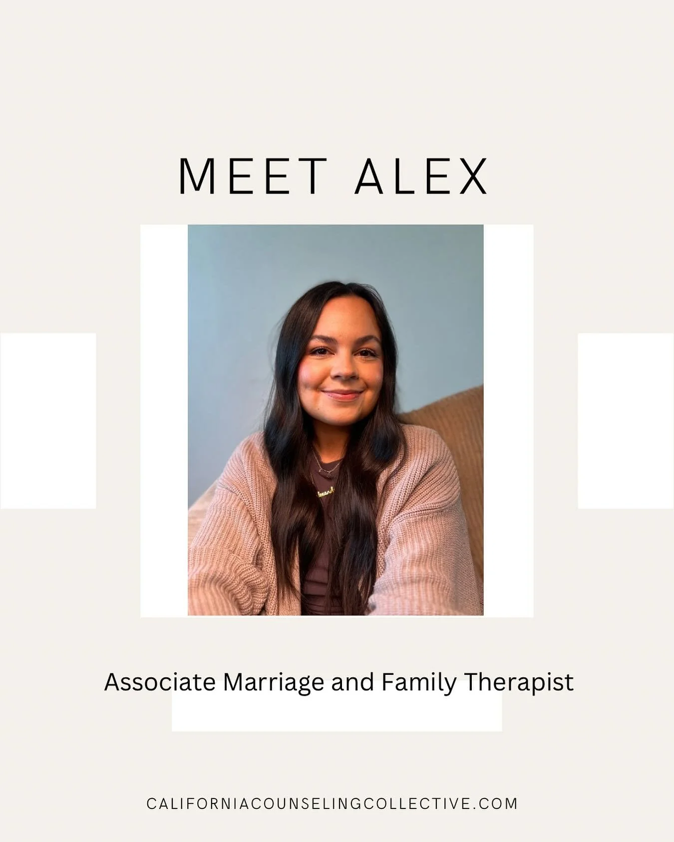 Meet Alex! ✨

Alex is an Associate Therapist who brings warmth, honesty, and a whole lot of heart to the work she does. If you&rsquo;re looking for someone who will truly get you, meet you as an equal, and hold space for your full story&mdash;messy p