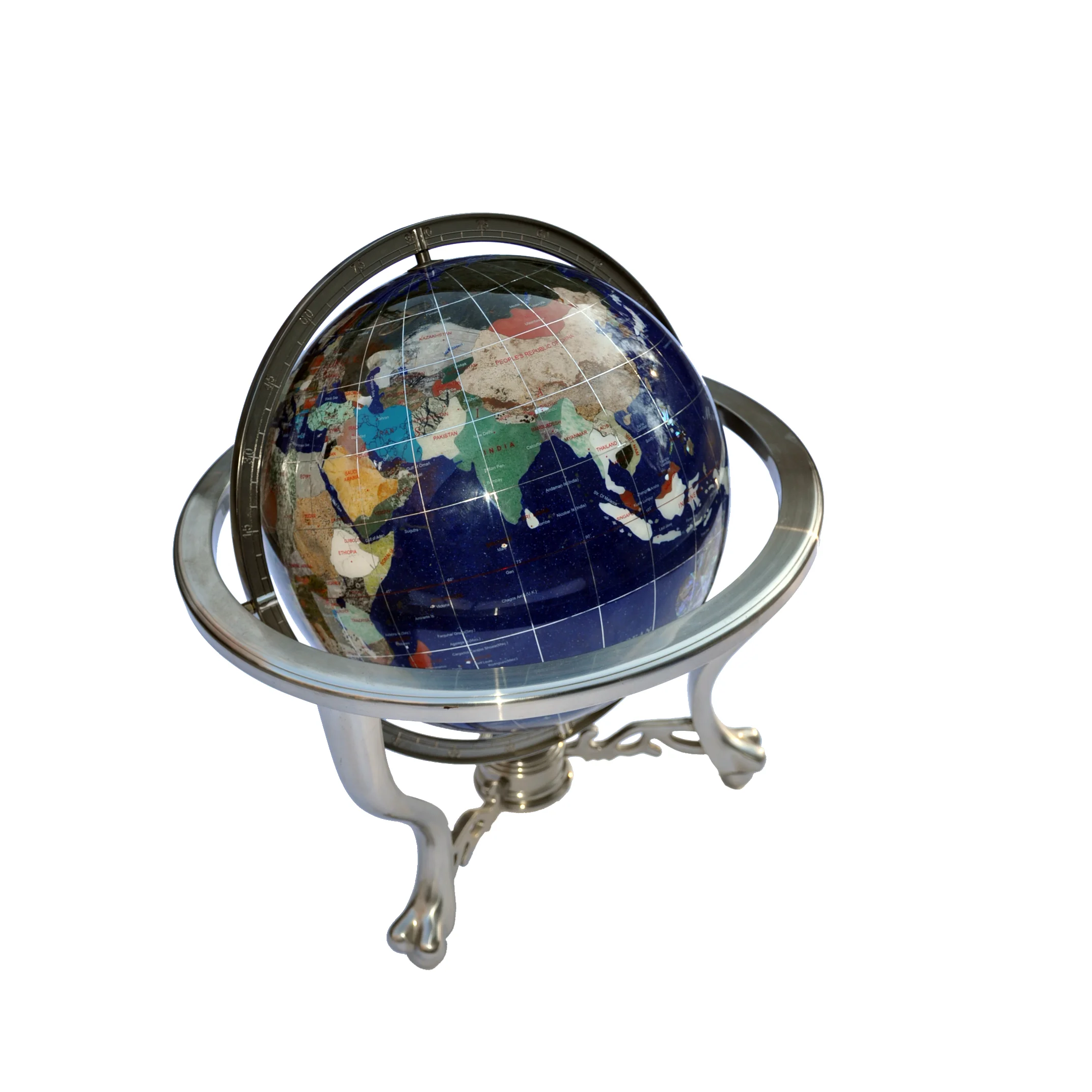 LARGE GEMSTONE BLUE LAPIS GLOBE WORLD COMPASS SILVER TONE PRECIOUS STONE INLAY 