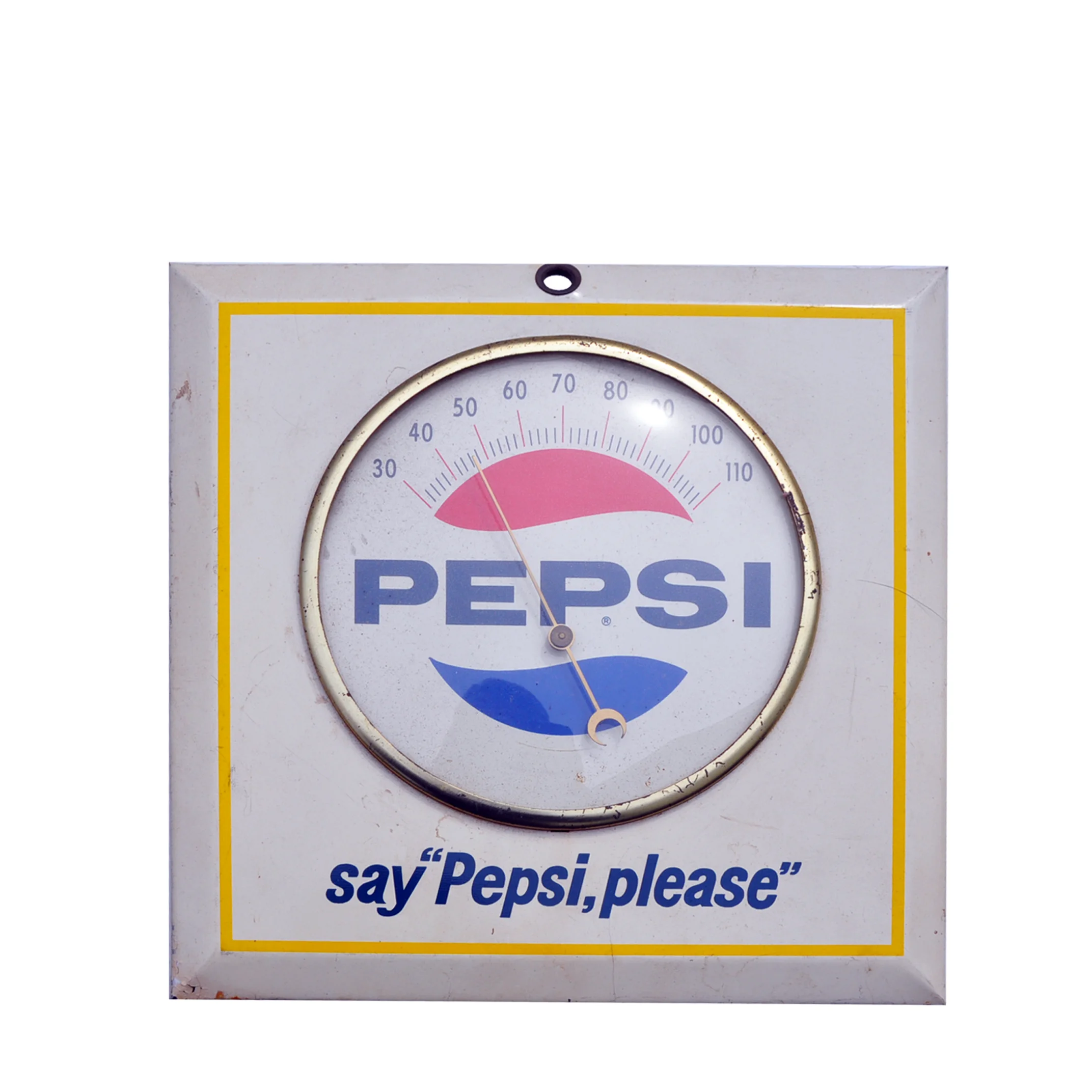 Vintage Enamel Metal Pepsi Thermometer Say Pepsi Please Square 1960s-70s Soda