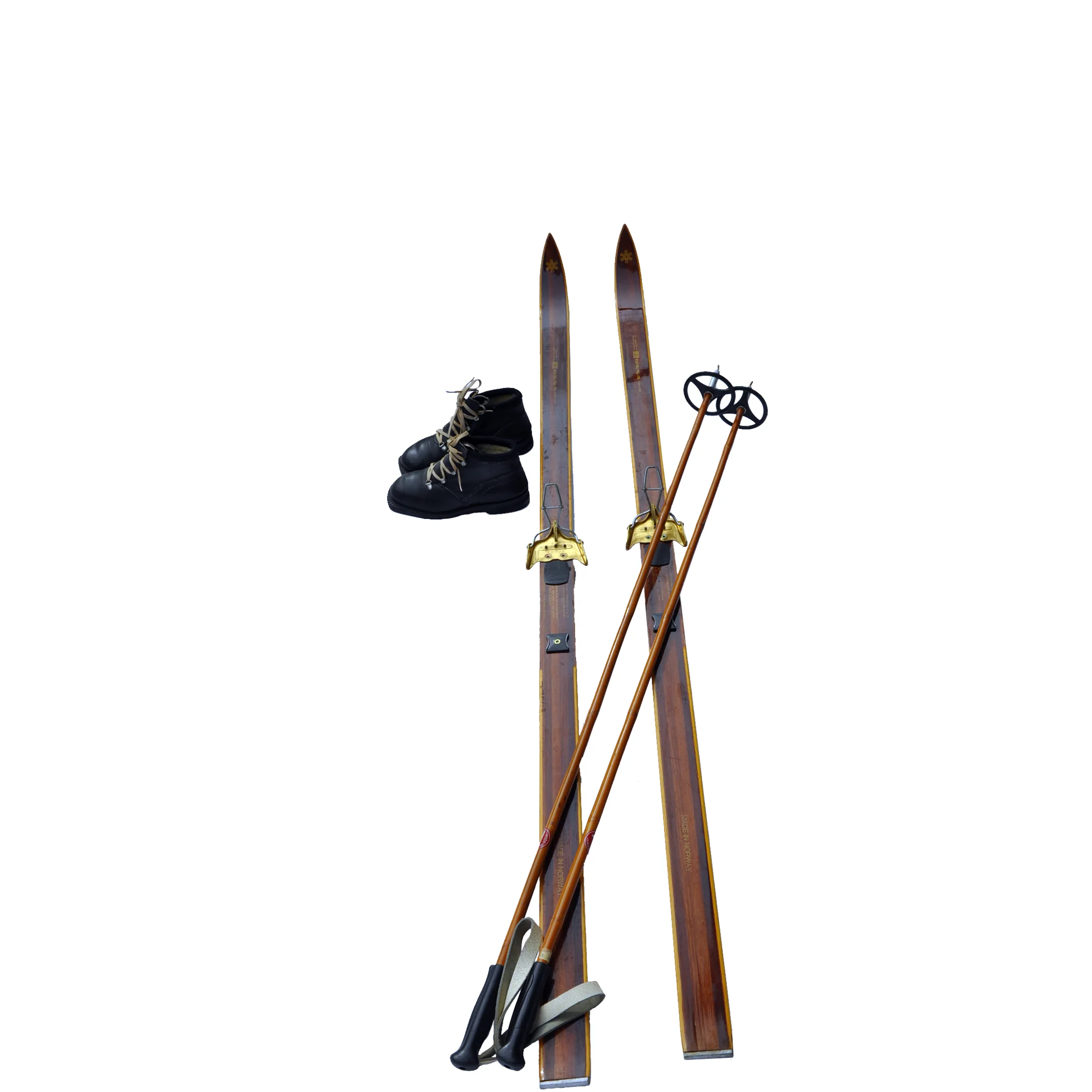 GORGEOUS VINTAGE HICKORY Wooden 75" Skis Has Wood + BROWN Finish + Bamboo Poles + Boots