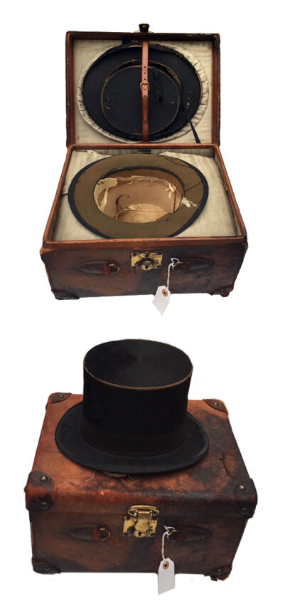 Victorian (1870) Men's Beaver Hair Top Hat with Leather Travel Luggage Case.