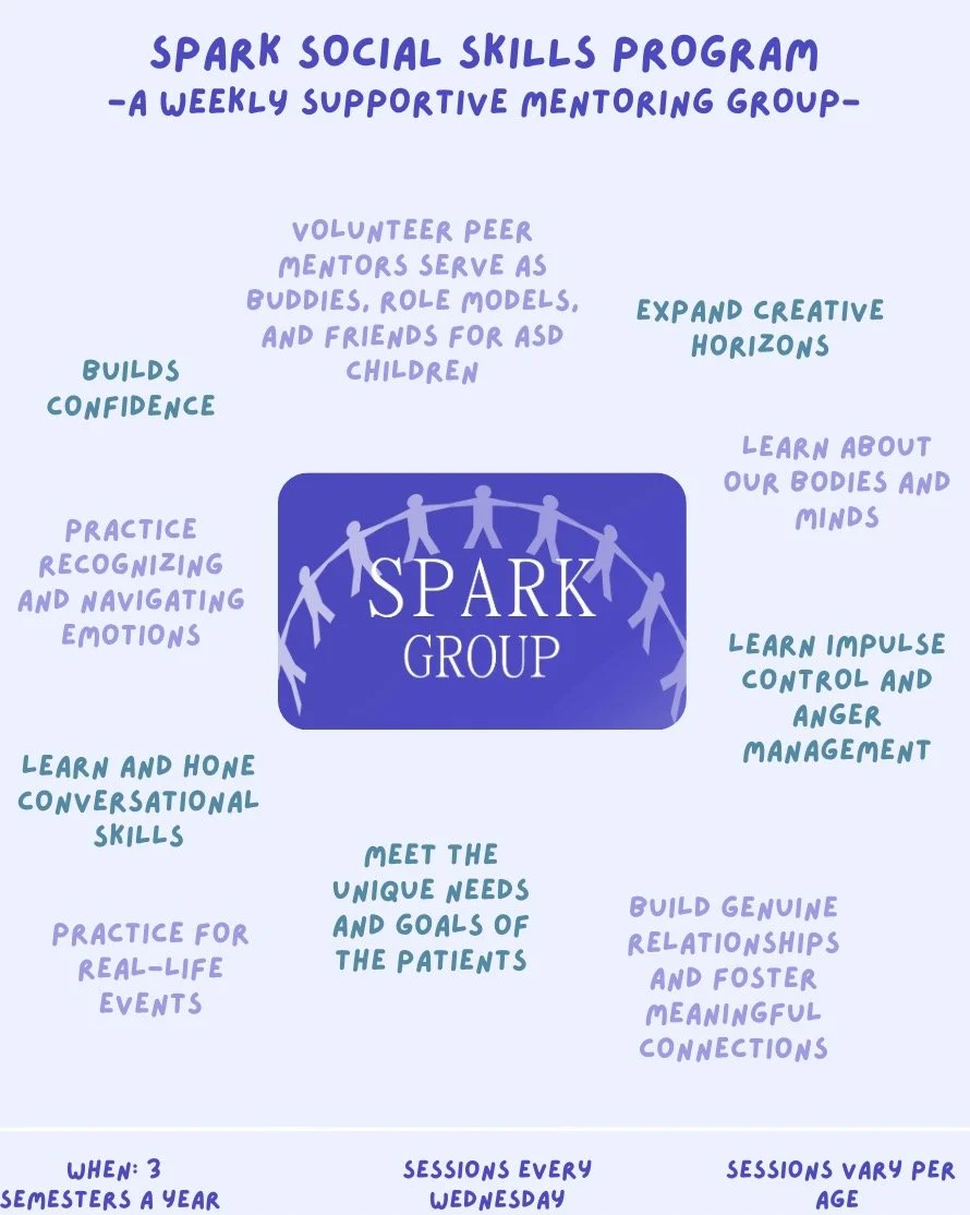 Our Spark Psychosocial Skills Program offers your child a chance to interact with neurotypical mentors in a playful, structured, and supervised group setting. Each participant gets parent with volunteer peer mentors which ensures personalised attenti