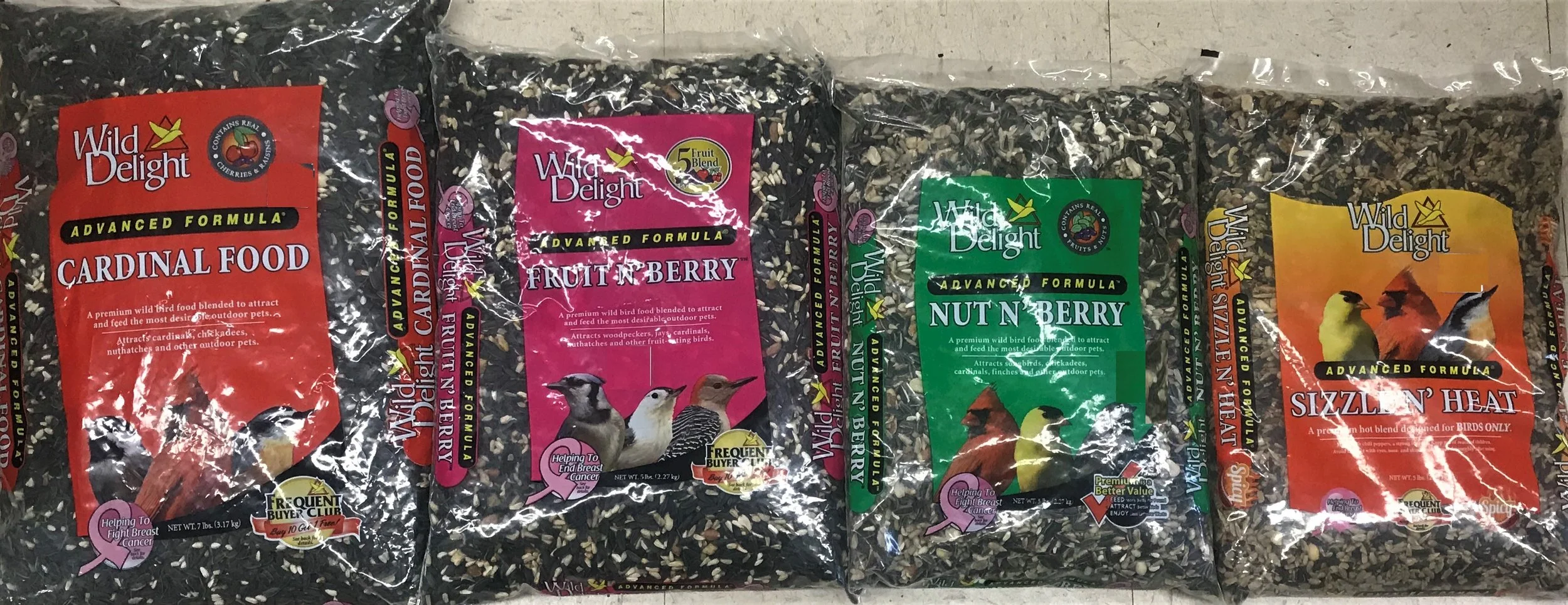 Cardinal Food, Fruit N’ Berry, Nut N’ Berry, and Sizzlin’ Heat.