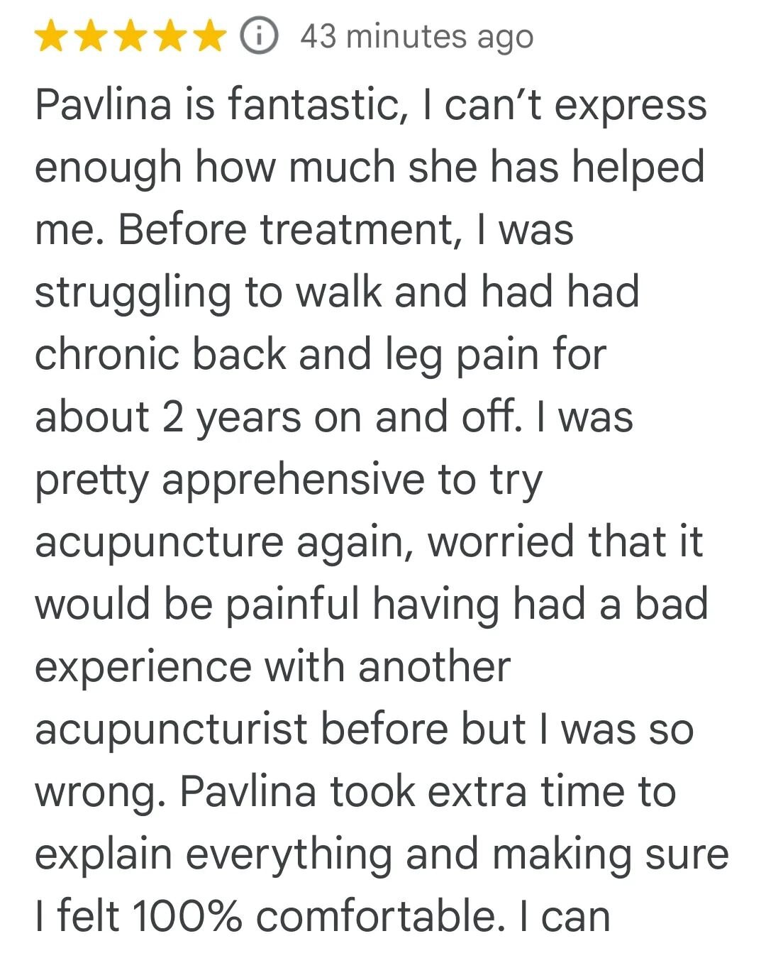 Just in! Another 5 ⭐️⭐️⭐️⭐️⭐️ review. What a lovely surprise. Thank you for taking the time to share what your experience of acupuncture treatment with me feels like. 🥰
Read the full review here: 
&quot;Pavlina is fantastic, I can&rsquo;t express en