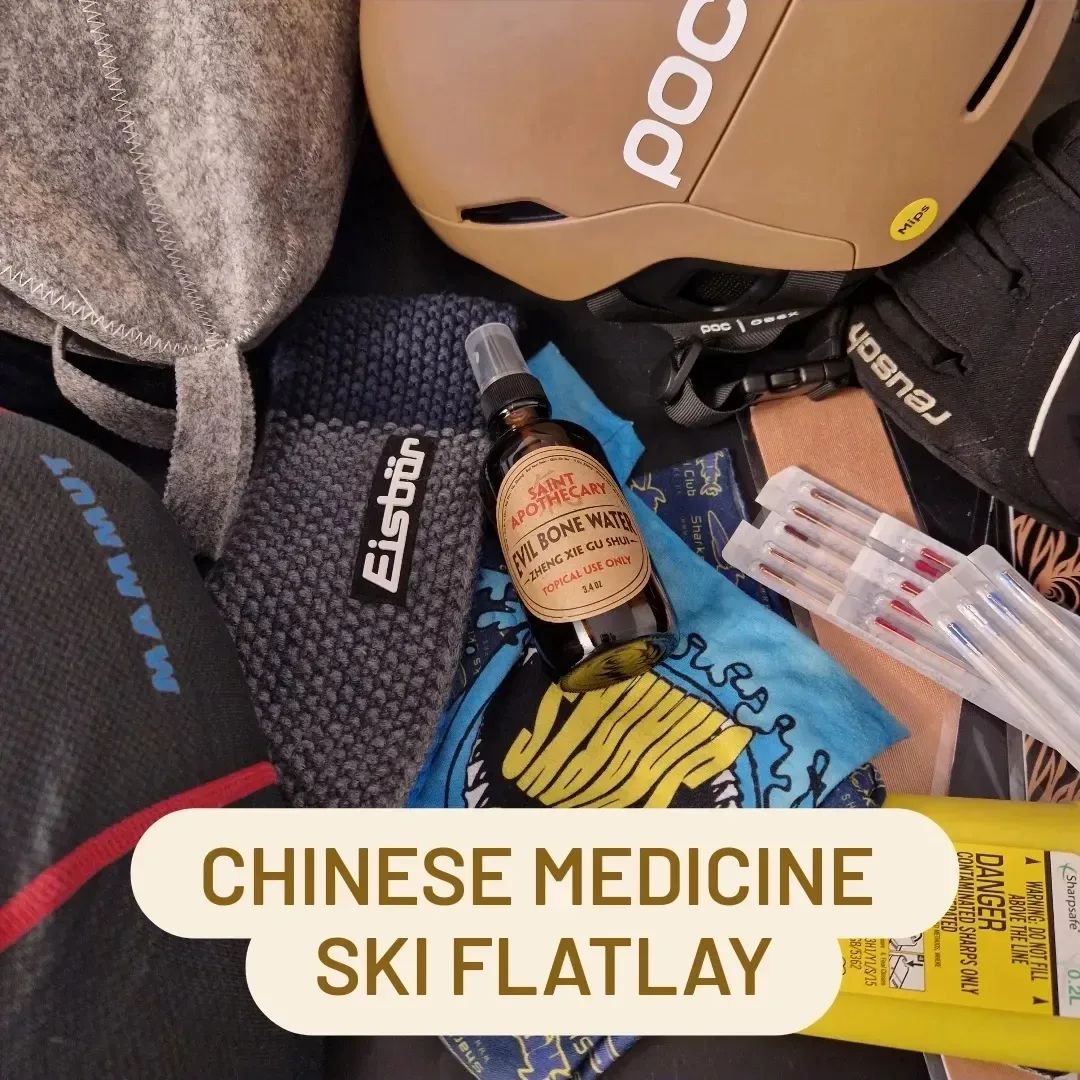 You can take me out of my Chinese Medicine clinic, but you can't take Chinese Medicine out of me! Busy being back and seeing you lovely people, but just thought I'd share my ski flatlay with you. 
✅️ Evil Bone Water - for any sprains and soft tissue 