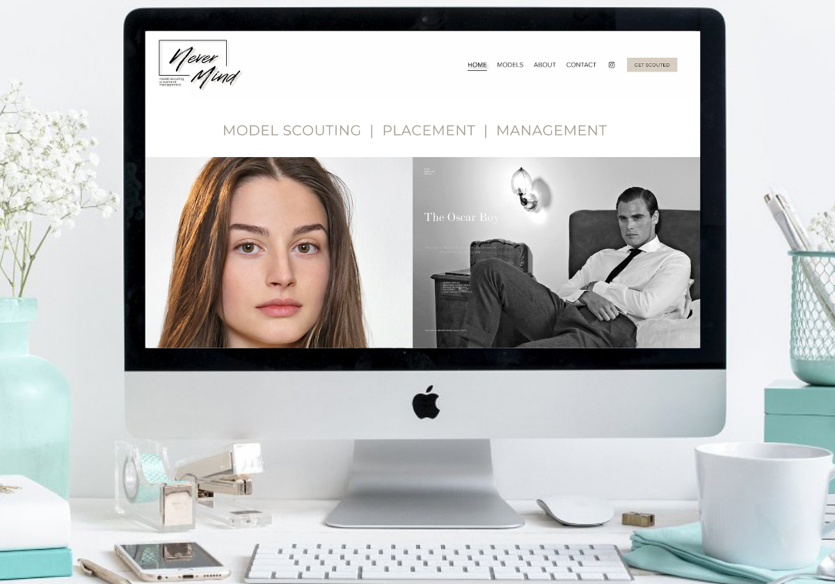 Website + logo + visual identity per model agency Never Mind Models
