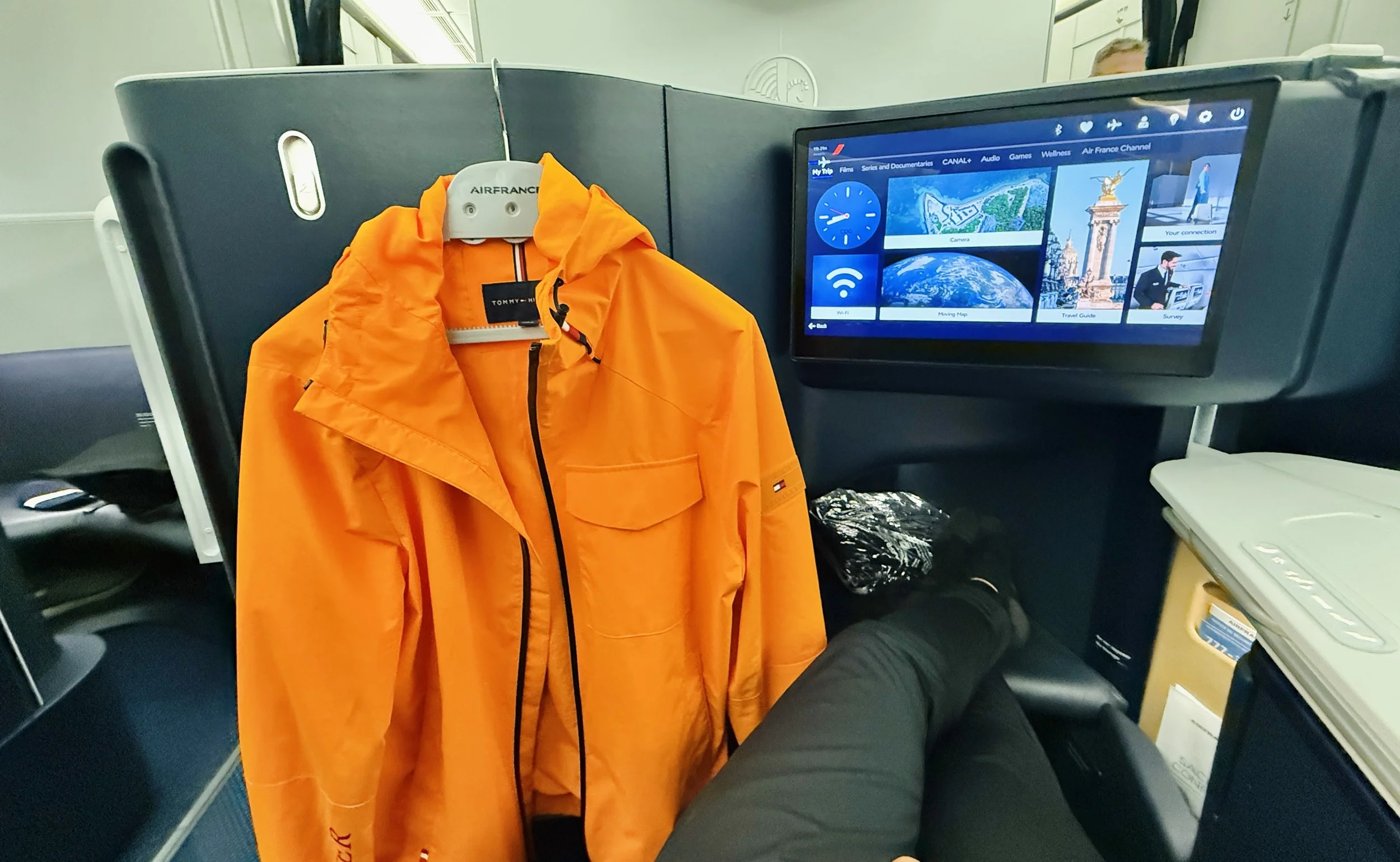 The hanger along with my jacket was stowed away during the flight