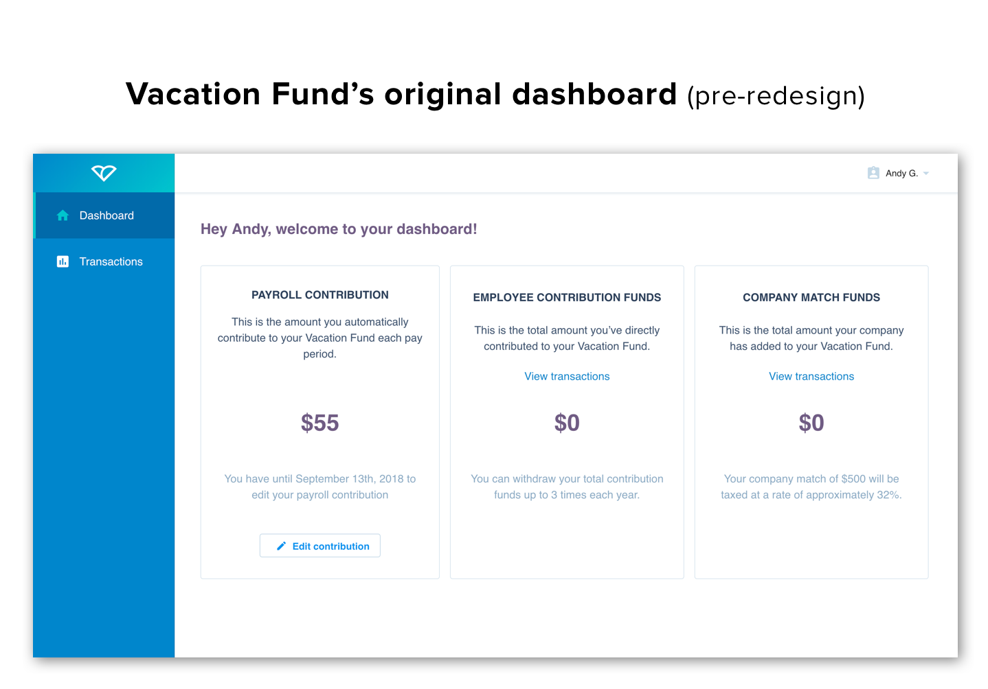 When we began working with Vacation Fund, the account balance cards displayed no visual hierarchy. In mobile, the cards maintained their size, and stacked vertically, forcing the user to scroll to see one value at a time. The user received important information through text, but the lack of visual hierarchy negatively impacted glanceability and understanding.