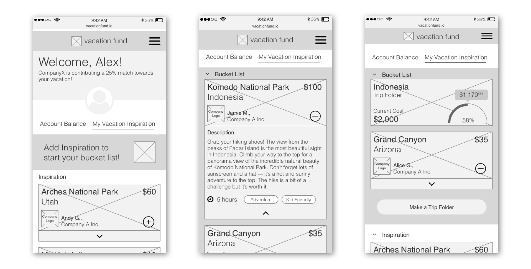 Users filled out a card containing specific, engaging, and helpful information. That card then became available to other users to view and interact with. Users added experience cards to their “Bucket List”, within which they could create folders of like experiences. When users created a folder, the system automatically calculated the aggregate cost of the experiences within that folder and generated a goal tracker feature contextualizing the value of their savings in terms of the experiences they’d like to enjoy.
