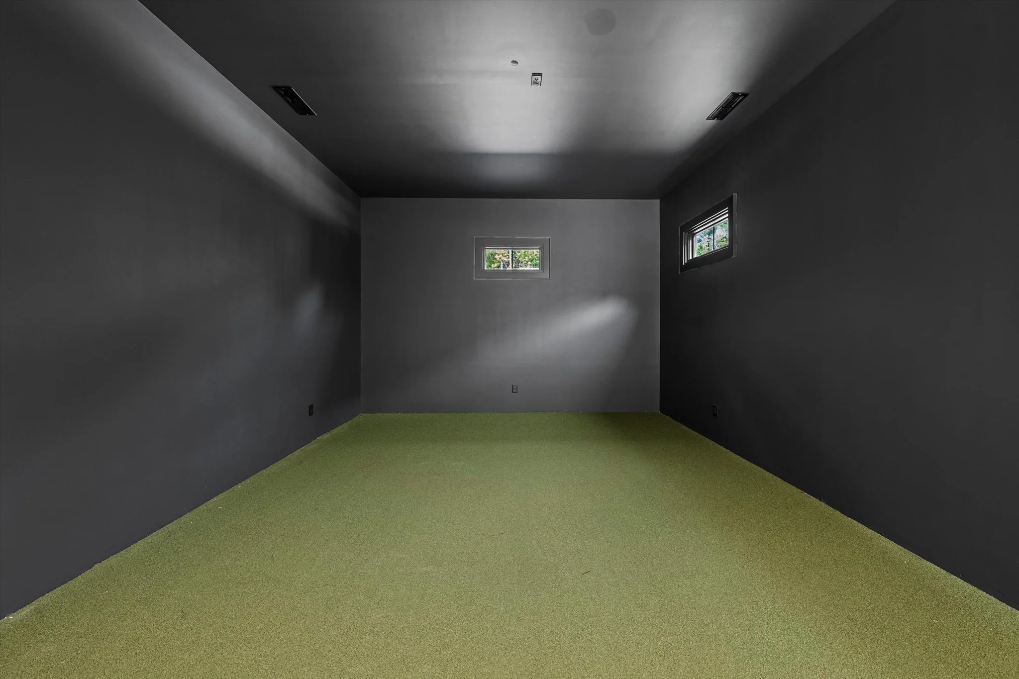 Empty room with dark gray walls and green carpet, two small windows on the side walls, and one small window on the back wall letting in natural light.