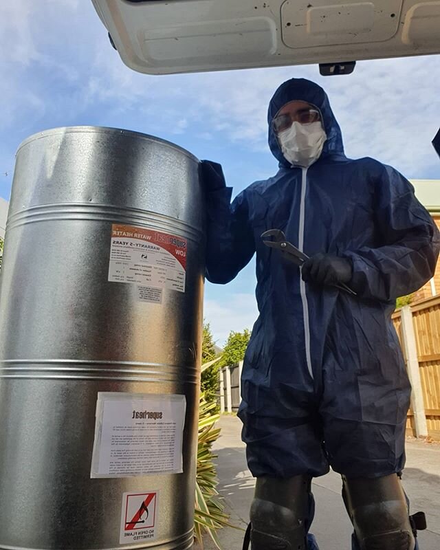Duty calls. First job of the Covid-19 lock down is a hot water cylinder replacement for one of our blind clients. Full PPE gear is a must. I am using a hospital grade disinfectant to clean everything after each job and all disposable overalls, gloves