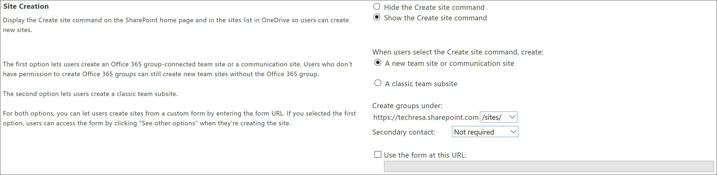 Figure 1: Site Creation settings from the SharePoint Online Admin Center
